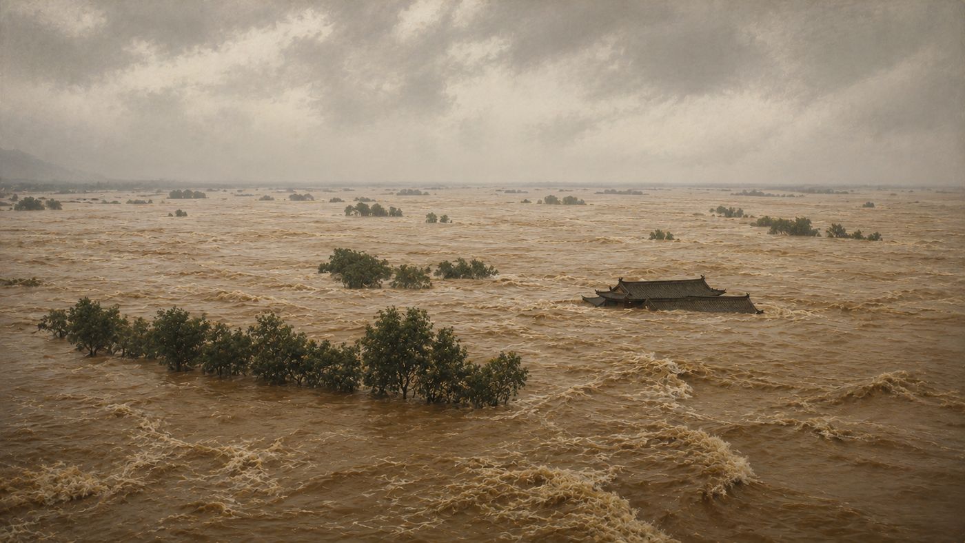 The Yangtze River in central China at flood stage, brown water stretching across a vast plain, the tops of trees and rooftops barely visible above the surface