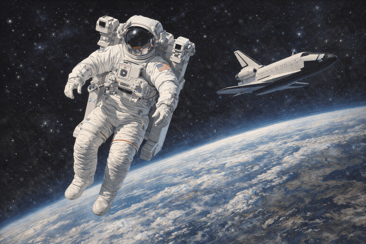 Astronaut Bruce McCandless floating untethered in space with Earth visible below and Challenger in background