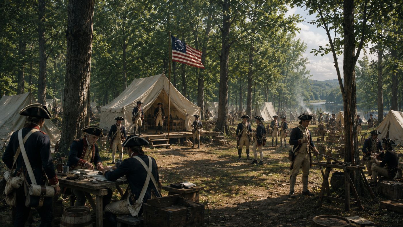 A Continental Army encampment in the Hudson Valley in summer, canvas tents and wooden structures visible among trees, soldiers in period uniform