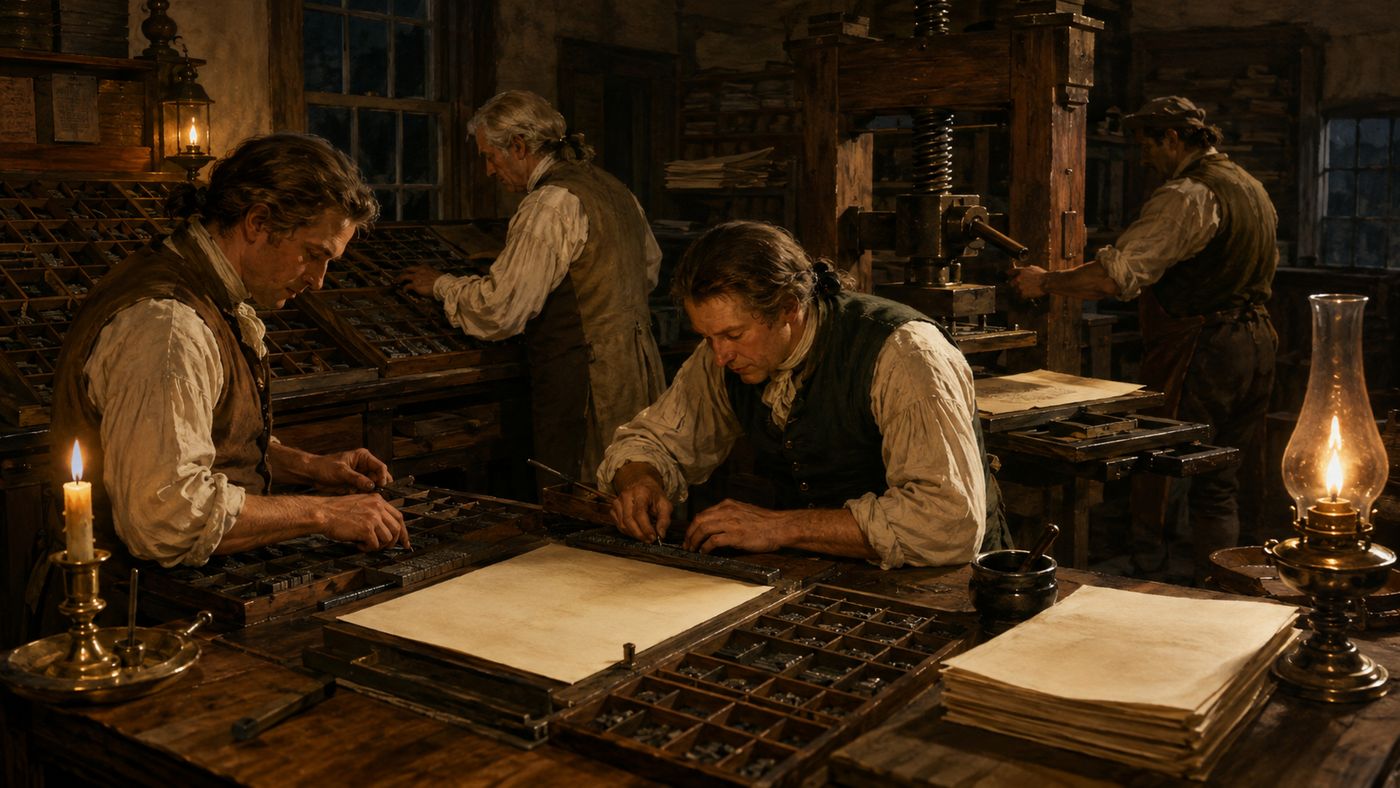 A printing press workshop in 1790s Philadelphia, typesetters at work by candlelight setting a broadsheet, the shop illuminated in warm amber light