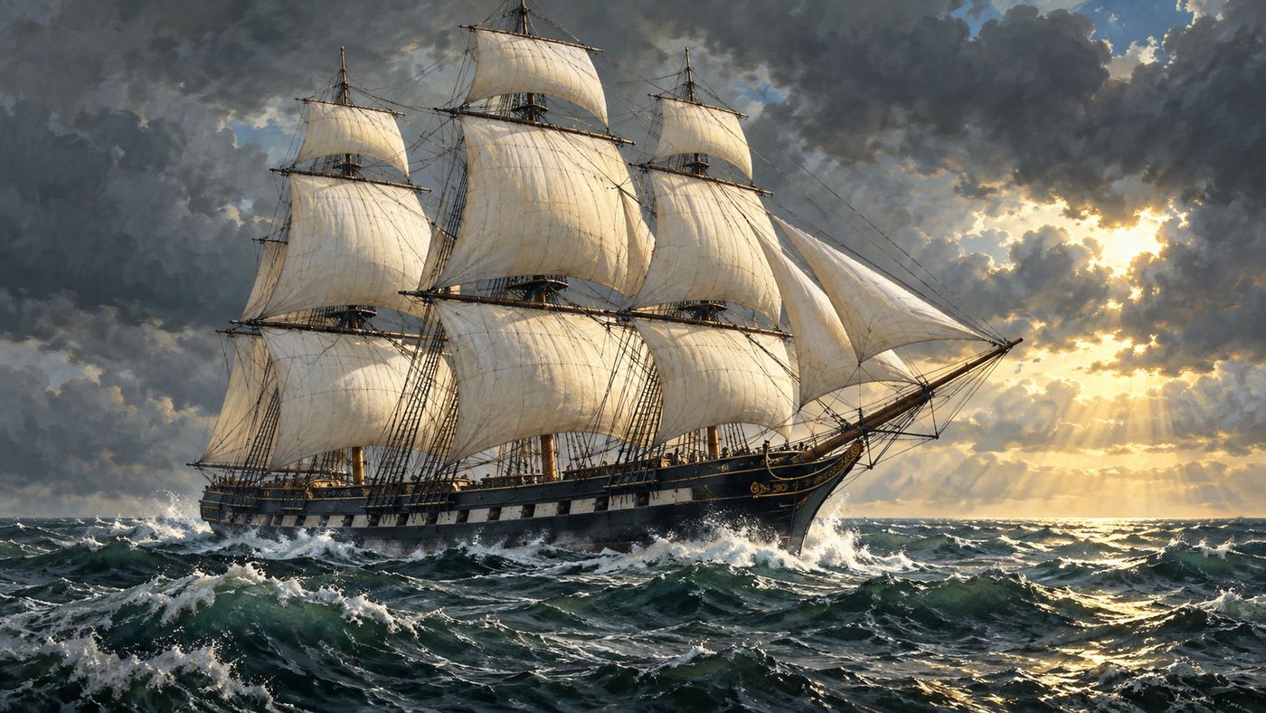 A painterly illustration of the USS Constitution under full sail on a grey Atlantic sea — three masts carrying billowing white sails, the dark hull cutting through choppy water, an overcast sky above