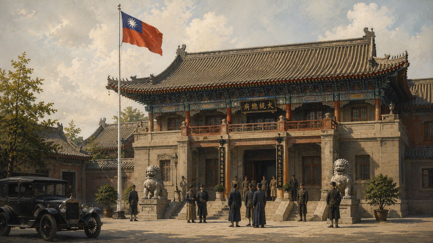 A 1917 Beijing government building with Chinese officials in period dress gathered outside, the Republican Chinese flag visible above the entrance
