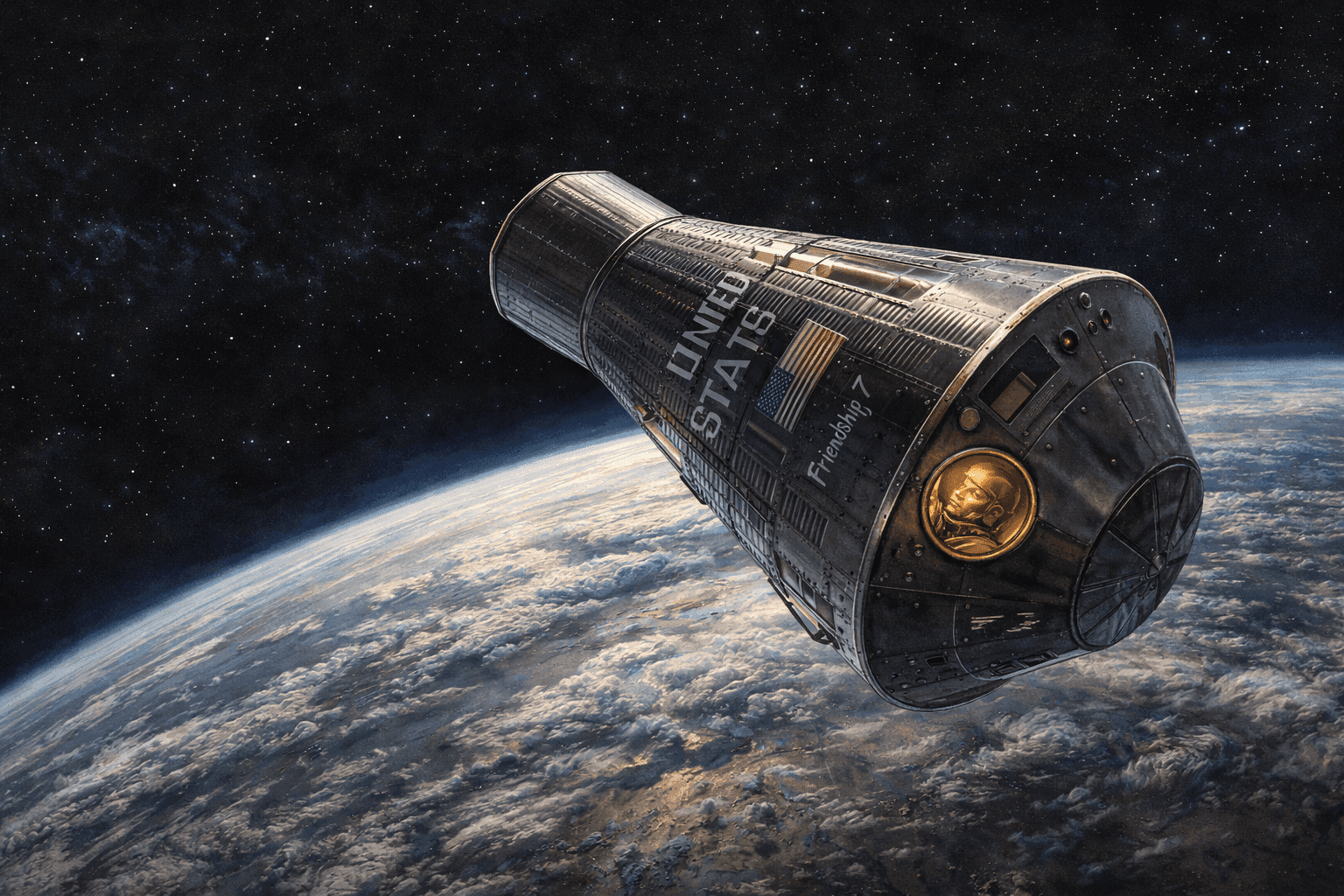 Dramatic historical illustration of the Friendship 7 spacecraft launching into orbit with Earth visible below