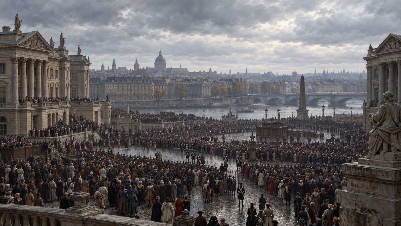 A painterly illustration of a grand 18th-century Parisian square — formal neoclassical buildings surrounding a wide cobblestone plaza, a large crowd gathered in the October morning light, the Seine visible in the background