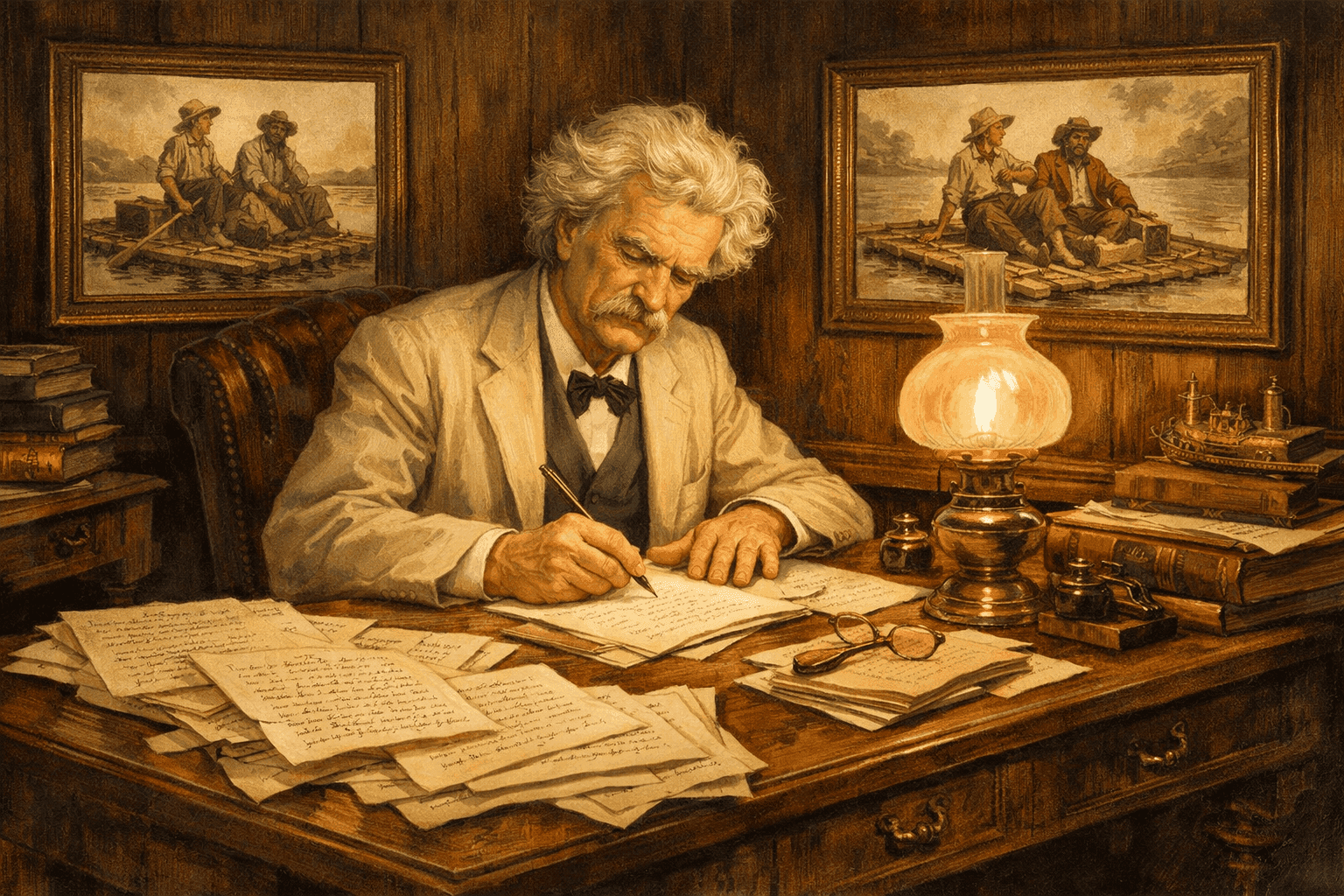 Mark Twain at his writing desk with manuscript pages of Huckleberry Finn and illustrations of Huck and Jim on the Mississippi River visible
