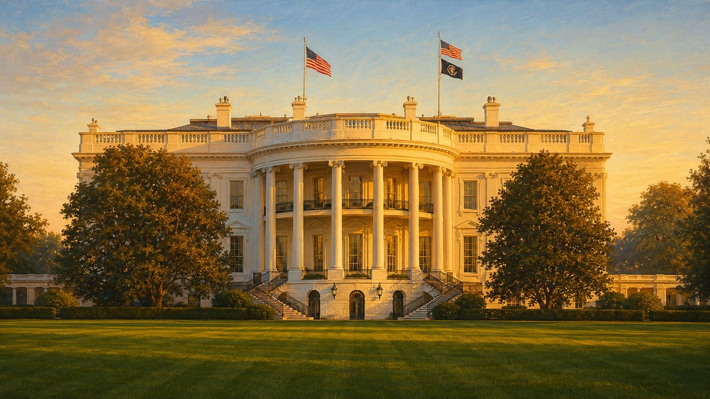 The exterior of the White House at dawn, the North Lawn immaculate, flags flying as the day of high-stakes diplomacy begins