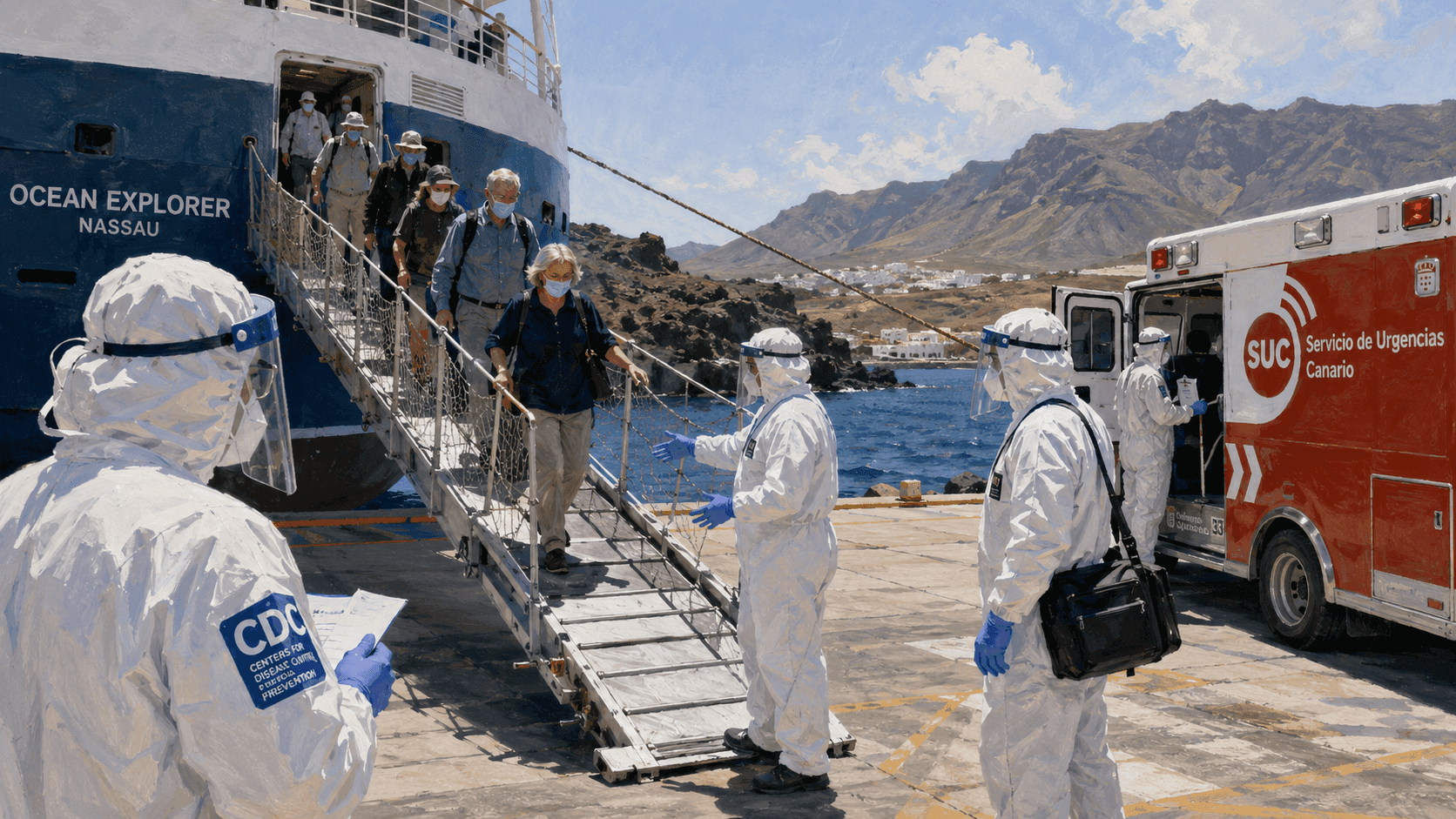 Medical personnel in protective gear assist passengers disembarking from the MV Hondius at the Port of Granadilla in Tenerife, Canary Islands, May 10 2026