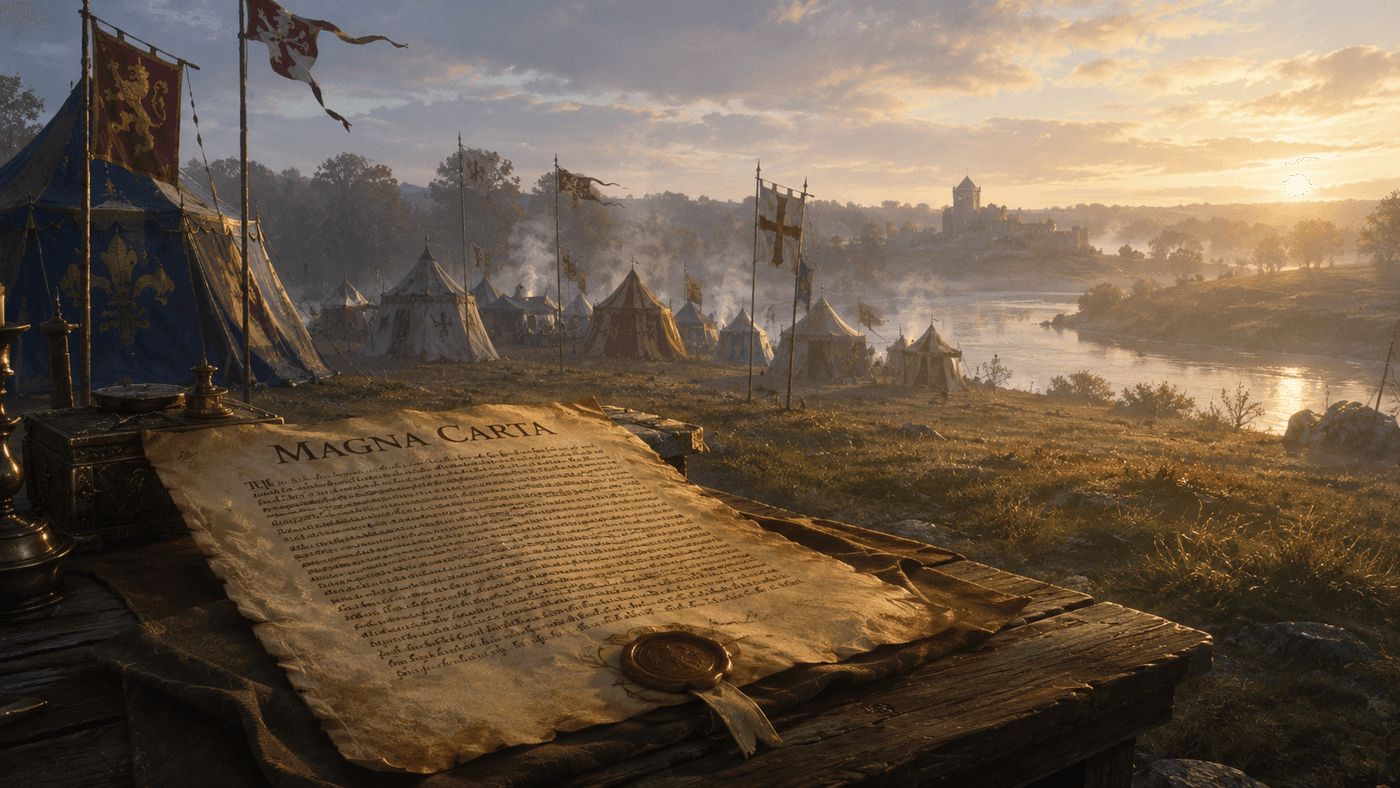A misty riverside meadow at dawn with a medieval encampment of tents and banners in the background