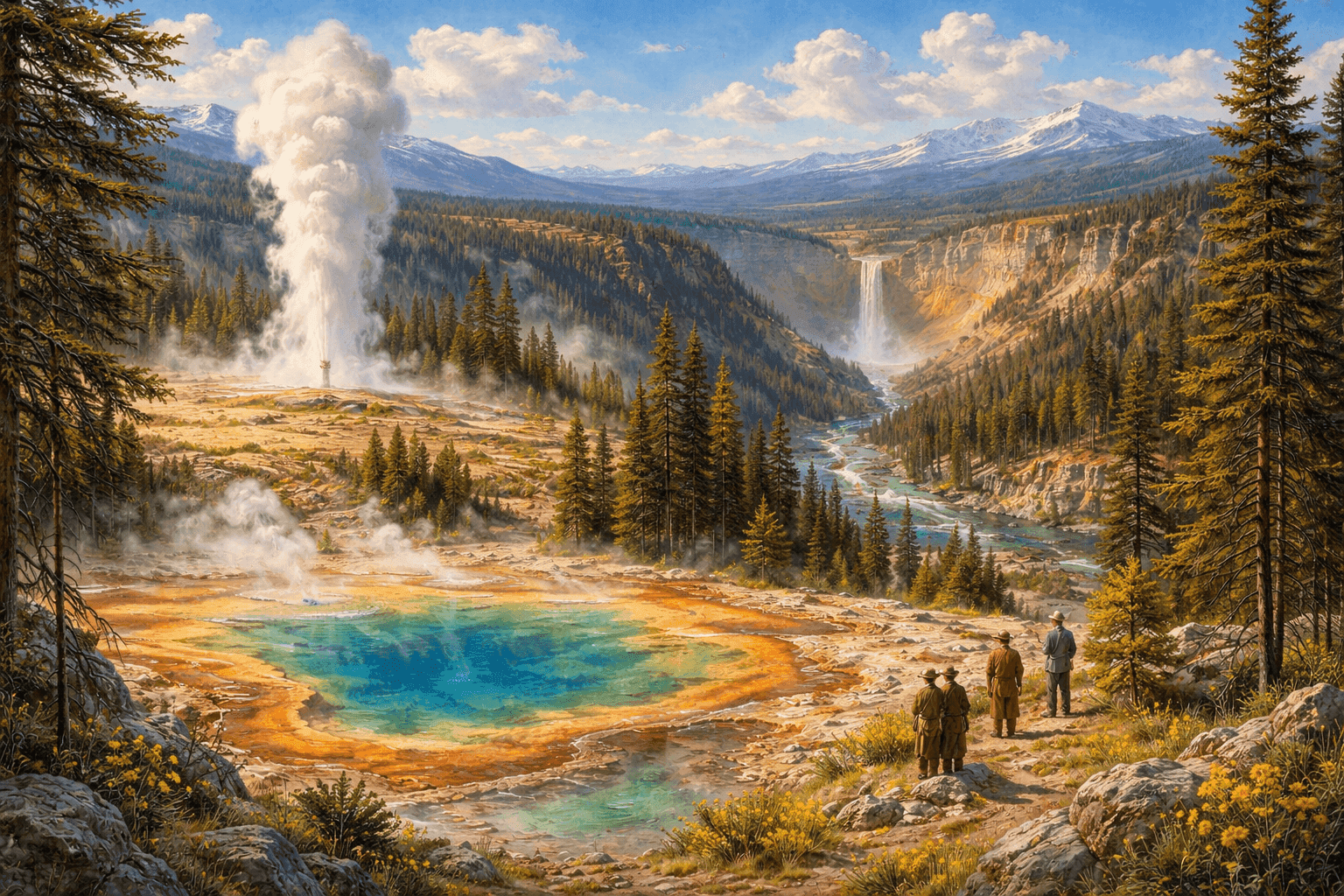 Historical illustration of Yellowstone landscape with geysers, hot springs, and dramatic Wyoming wilderness