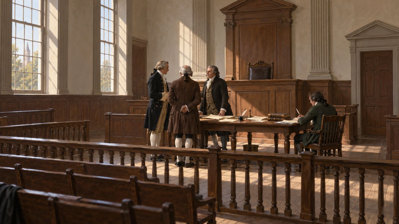 The Supreme Court chamber in the early Federal period, a formal courtroom with the bench visible, the neoclassical architecture of the young republic's judicial institution