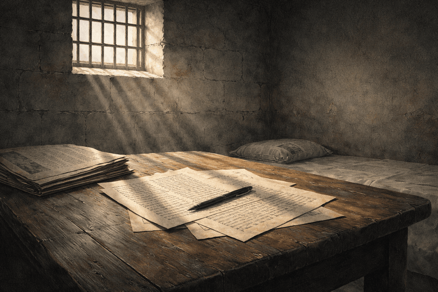 A handwritten letter on scraps of paper resting on a worn wooden surface in a sparse jail cell with barred light falling across the page