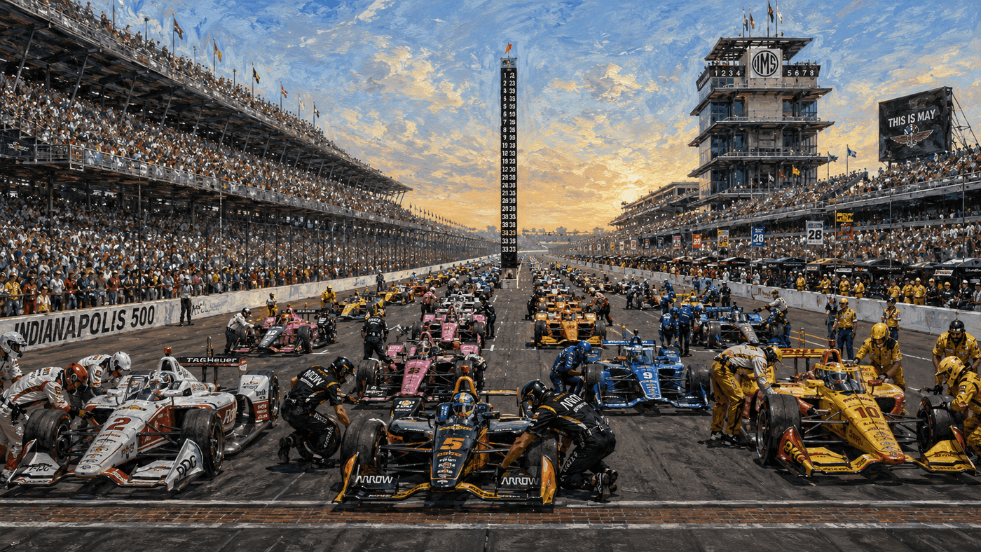 The starting grid of the Indianapolis 500 at Indianapolis Motor Speedway, 33 cars lined up on the iconic Brickyard oval as race day begins