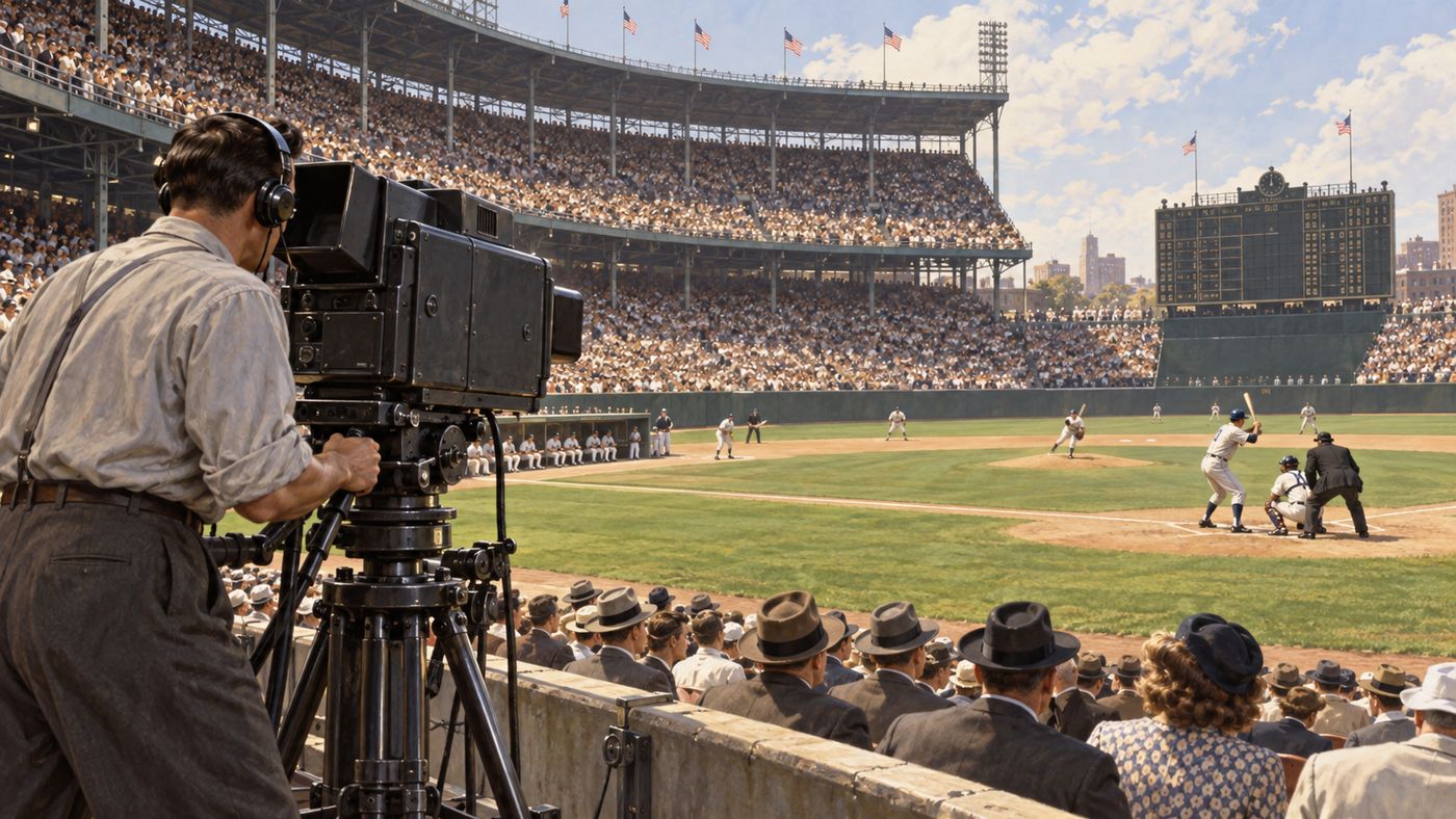 A 1940s baseball stadium filled with spectators, the diamond visible below under afternoon light, a television camera visible at the edge of the field pointing at the action