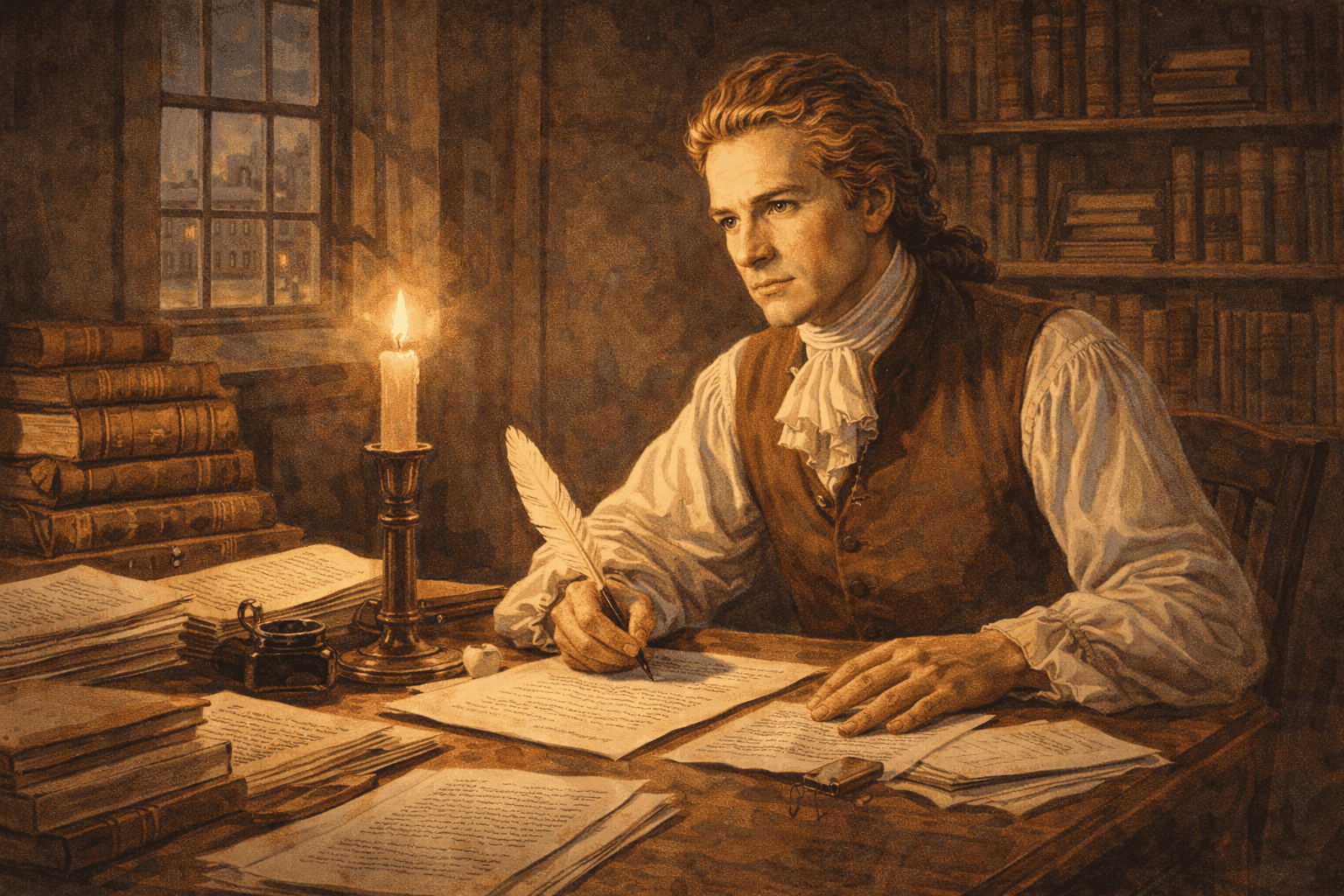 Young Alexander Hamilton in 1770s New York during his early career with revolutionary America atmosphere and period details