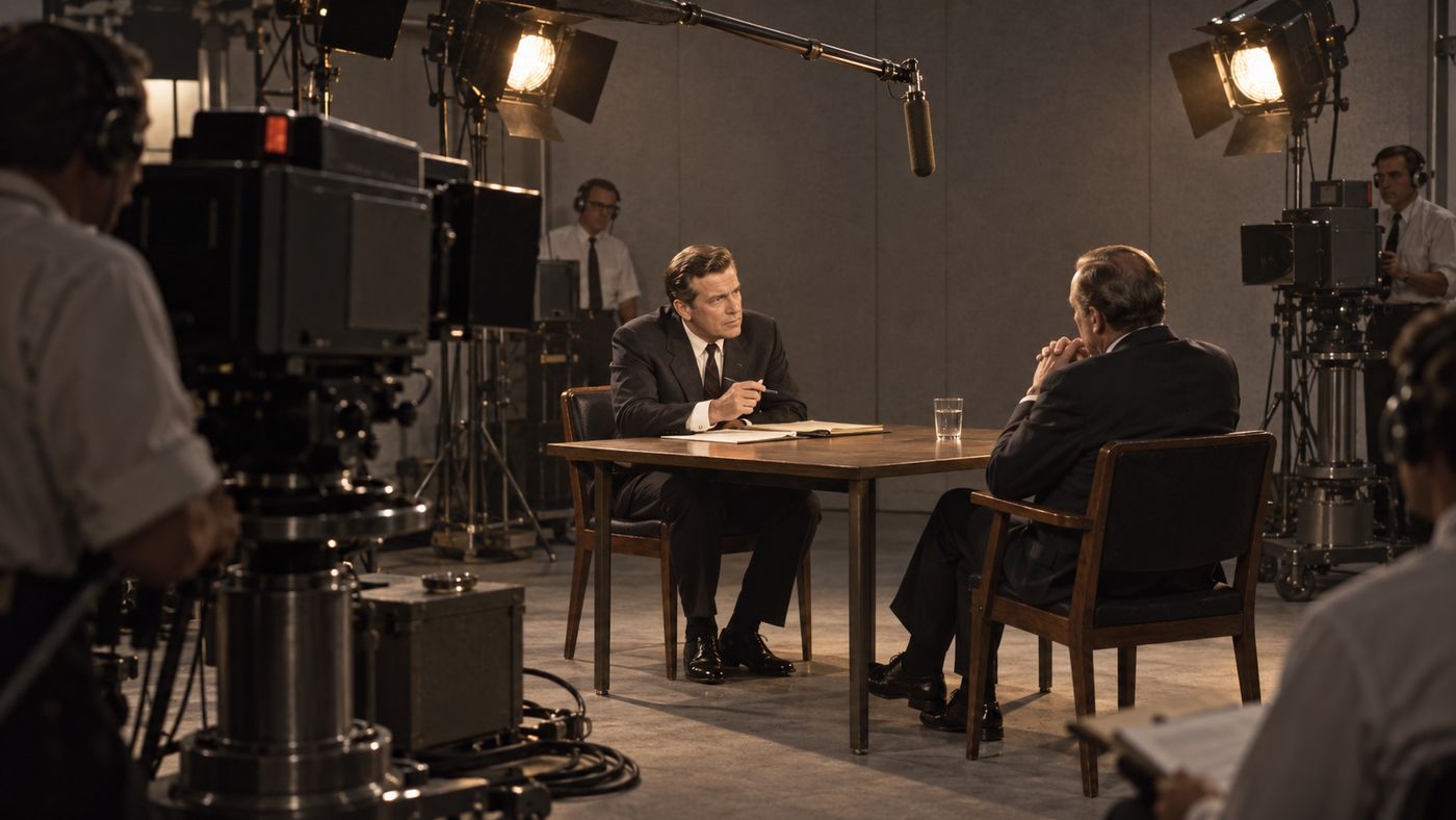 A television news interview setup in the late 1960s, a correspondent facing a subject across a simple table, cameras visible, the intimate and confrontational atmosphere of investigative broadcast journalism