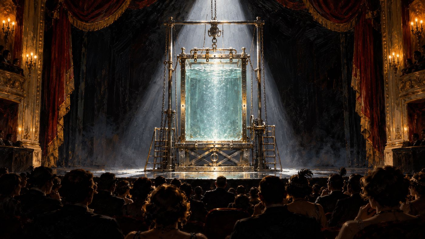 A painterly illustration of a 1920s theatrical magic show stage — a darkened theater with a single spotlight on an elaborate escape apparatus at center stage, the silhouette of a large crowd visible in the surrounding darkness, the atmosphere of suspense and theatrical spectacle