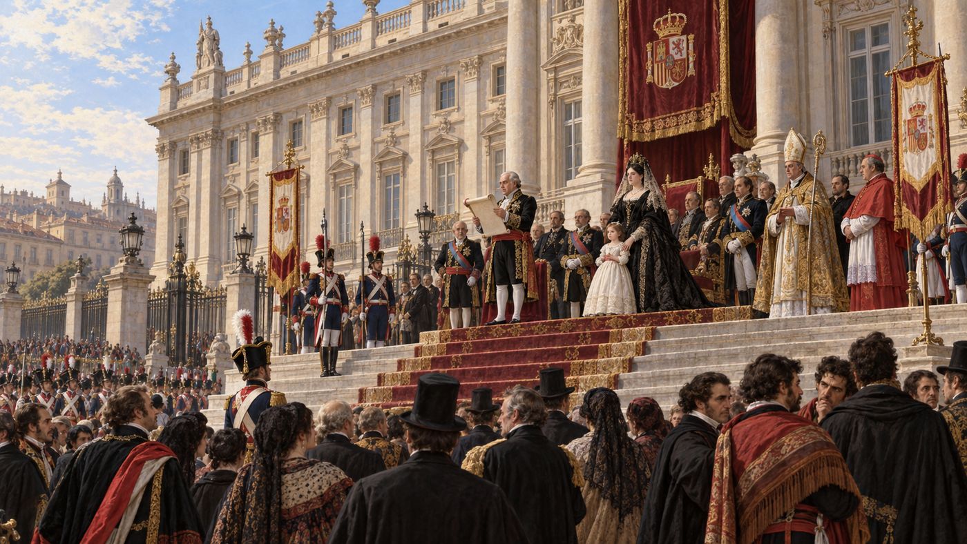 The Royal Palace of Madrid in the 1830s, its grand Baroque facade overlooking the city, the setting of a succession crisis that divided Spain into warring factions