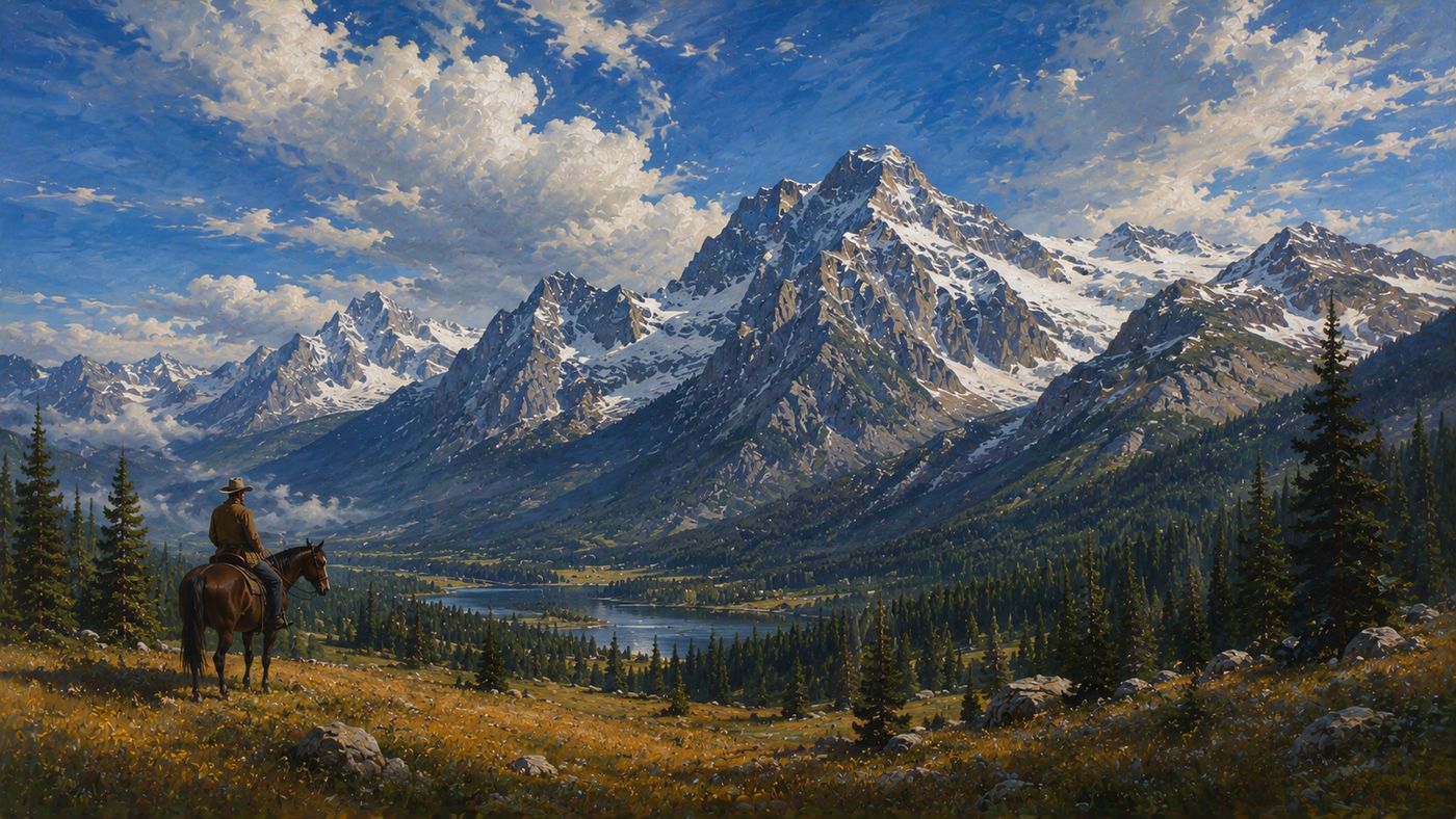 A dramatic Rocky Mountain landscape with snow-capped peaks and a wide valley below under a vivid Cold War era sky