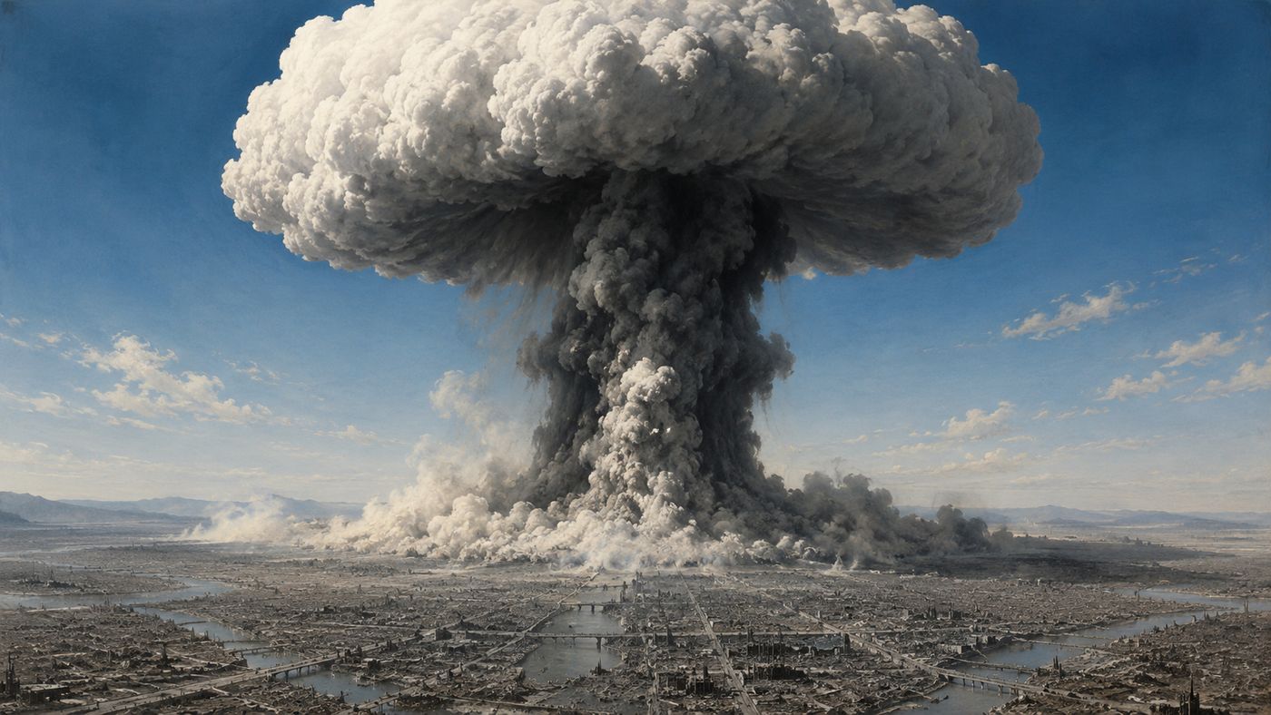 A vast mushroom cloud rising over a flattened cityscape, the column of smoke and debris towering above the horizon under a clear sky