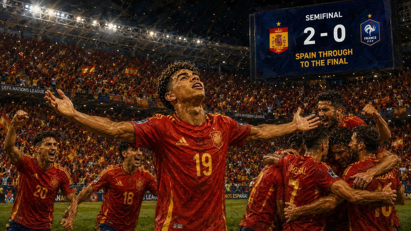 Spain players celebrating their World Cup final berth on the Dallas Stadium pitch after defeating France 2-0