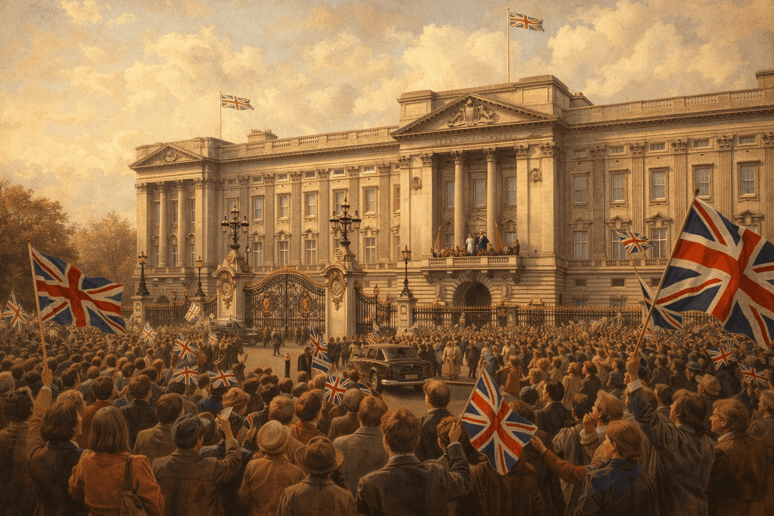 Elegant illustration of Buckingham Palace exterior with crowds gathered and British flags waving