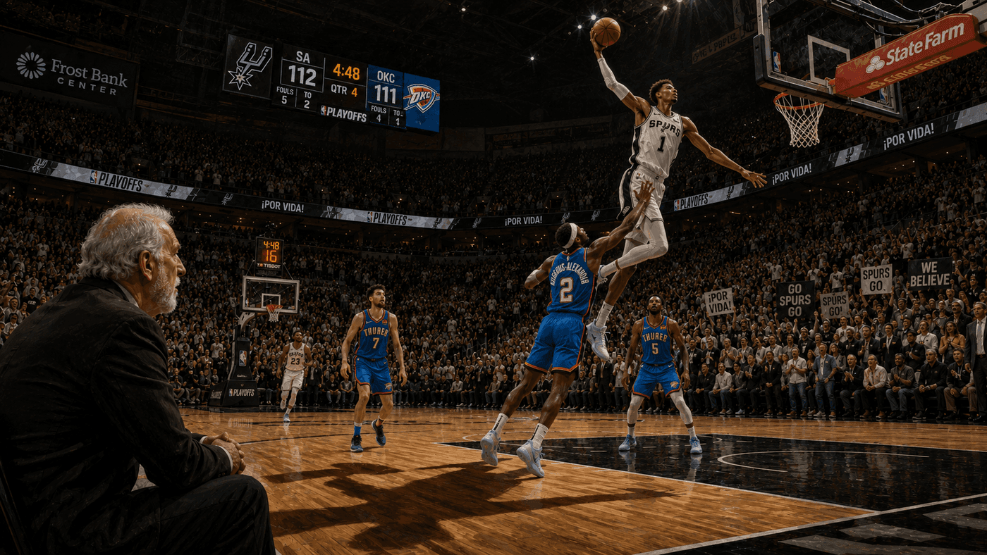 The Frost Bank Center in San Antonio packed for a playoff game, Spurs fans on their feet in silver and black as their team takes the floor for a must-win Game 6