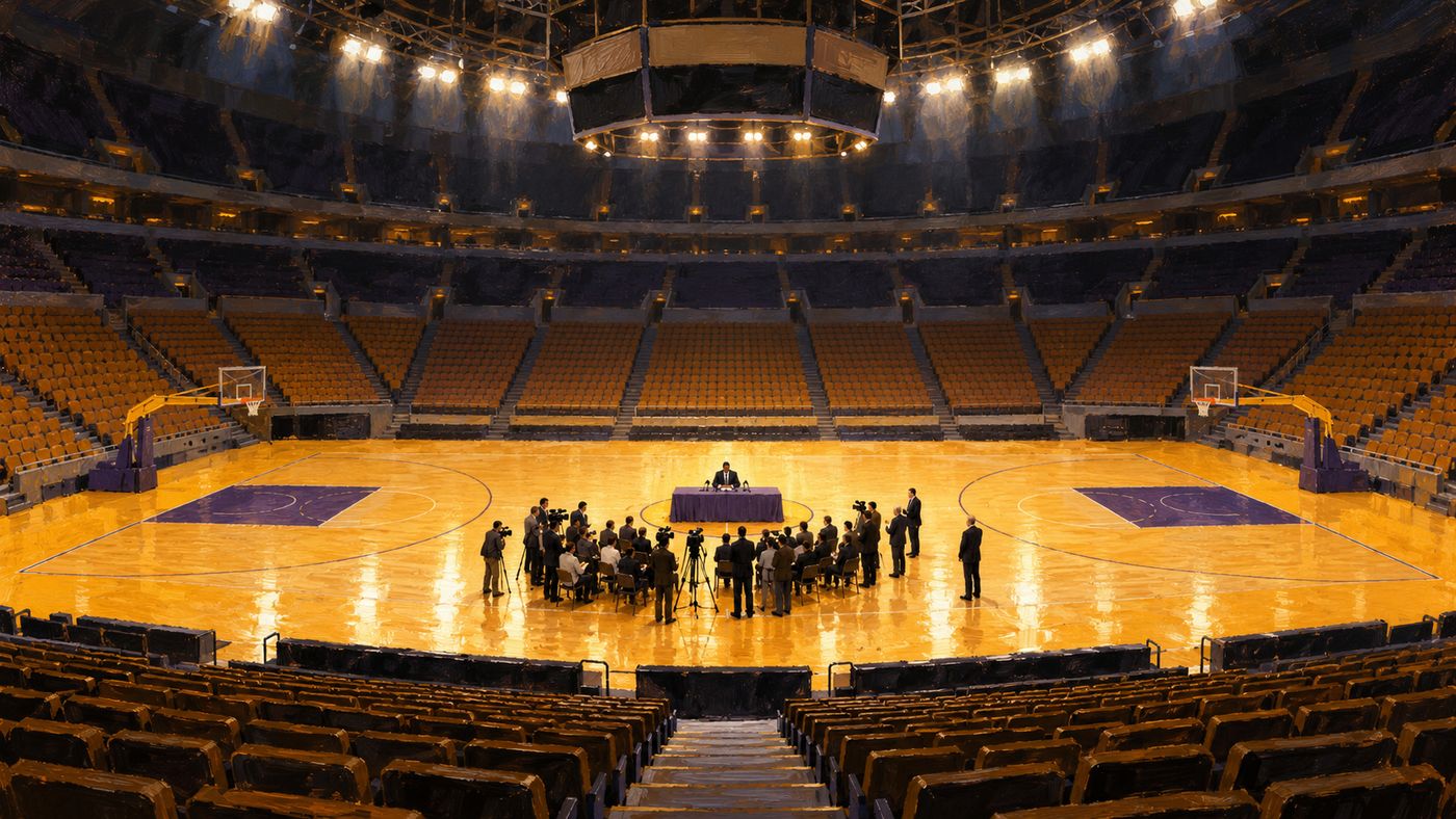 A painterly illustration of a 1990s NBA basketball arena — the gleaming hardwood court under bright overhead lights, the Forum's distinctive interior architecture, the empty seats of a venue whose star player has just announced something that will change far more than basketball