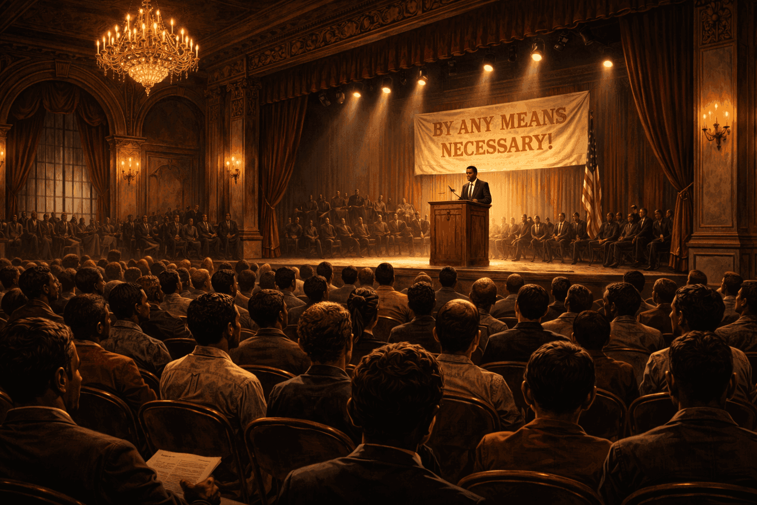 Historical illustration of a 1960s ballroom interior with dramatic lighting and crowd of people