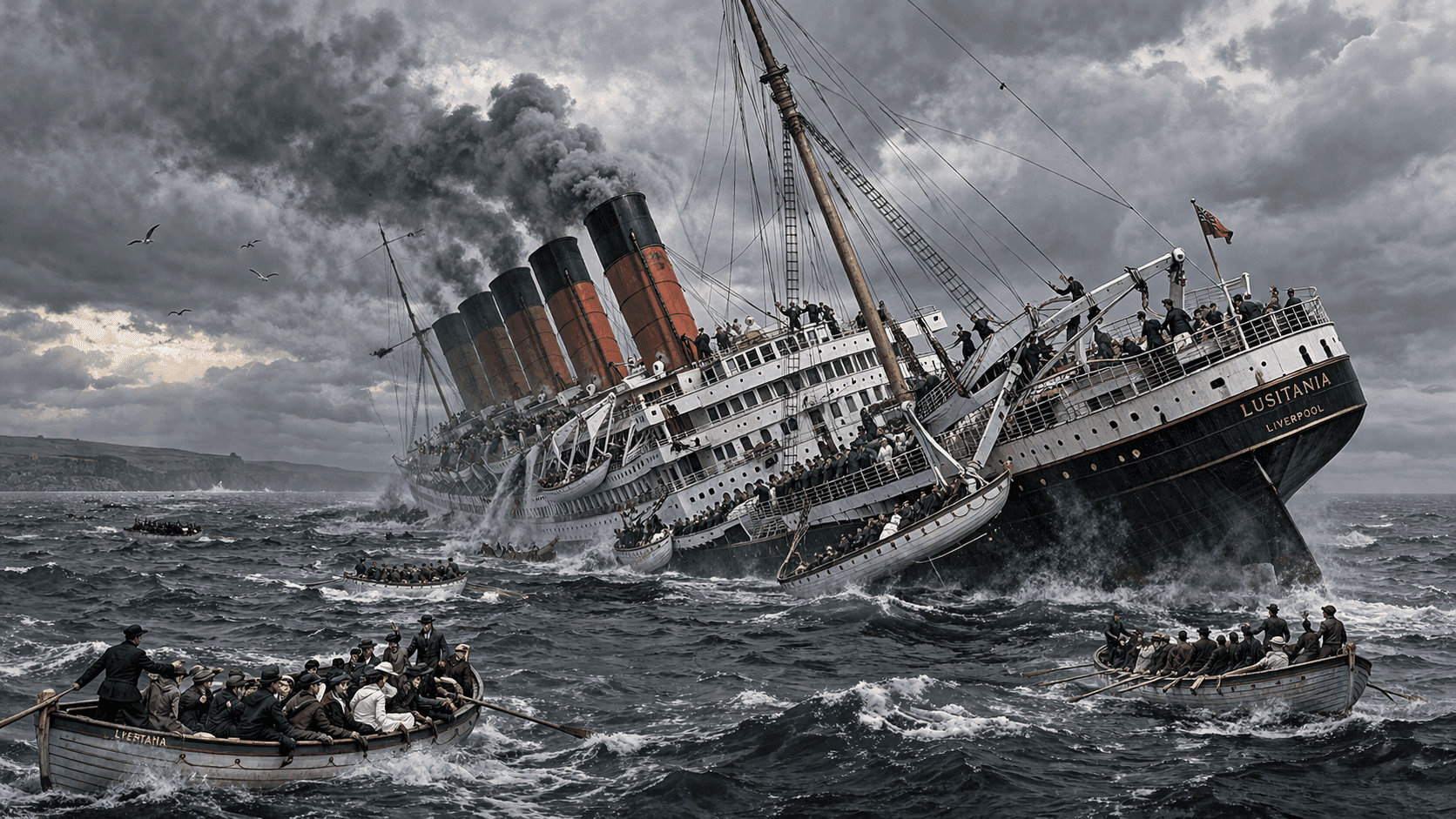 A great ocean liner listing heavily to one side in rough seas with lifeboats being lowered and passengers visible on the decks