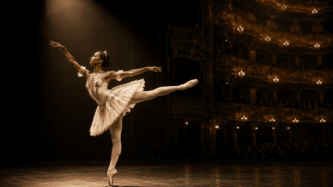 A ballet dancer in a white tutu performing an arabesque on a grand opera house stage, spotlights illuminating the performance against a dark background