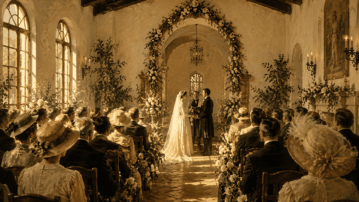 A vintage wedding scene in an elegant early 20th century American setting with floral arrangements and formal attire