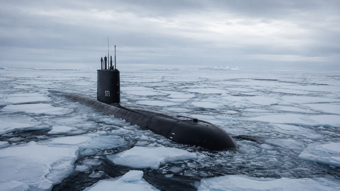 A nuclear submarine emerging from Arctic waters surrounded by sea ice, the pale polar sky above and dark ocean below