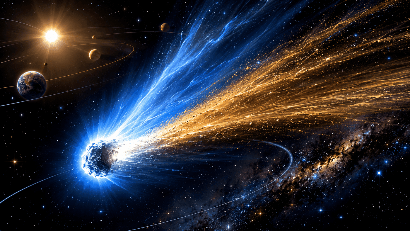 An interstellar comet streaking through the inner solar system, its bright coma and tail visible against the stars