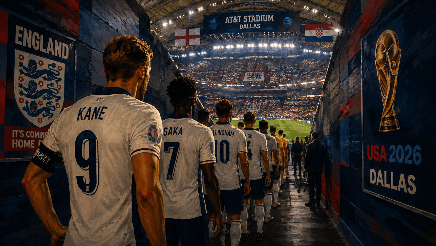 England players in white jerseys lined up on the pitch before a World Cup match, a packed stadium behind them