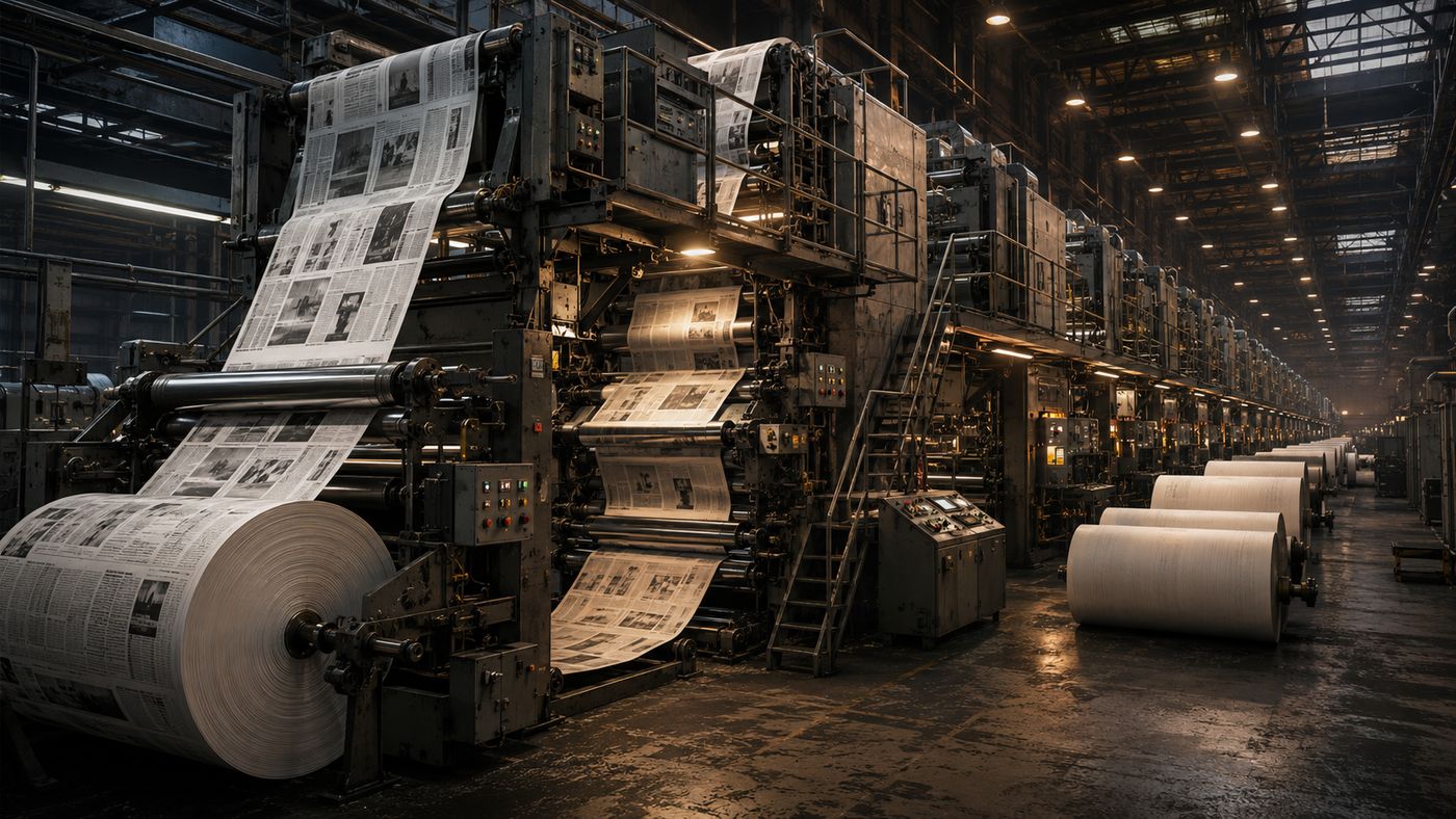 A newspaper printing facility in the 1990s, massive rolls of newsprint and printing machinery visible, the production of a major edition underway
