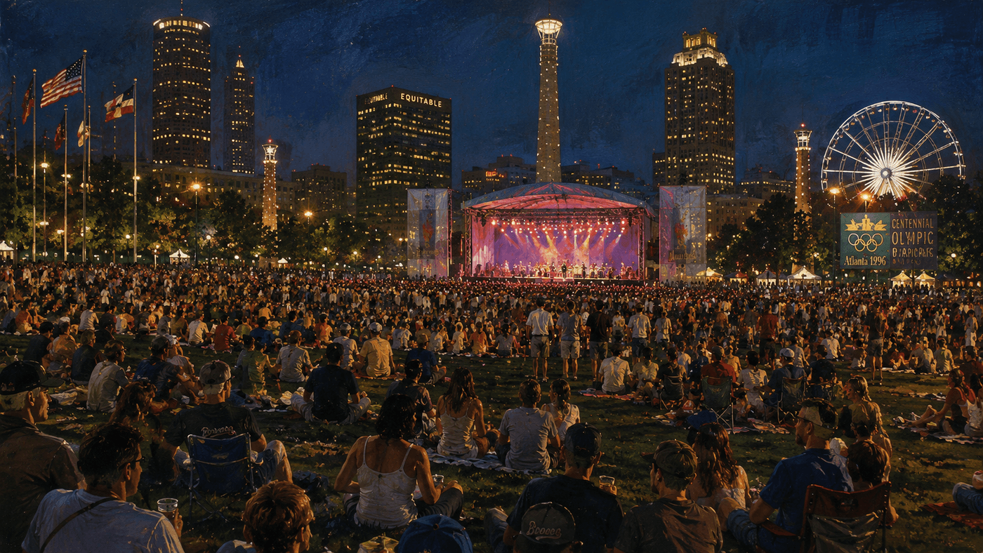 A large outdoor public park at night with crowds gathered for an outdoor concert, stage lights visible in the background against a dark summer sky