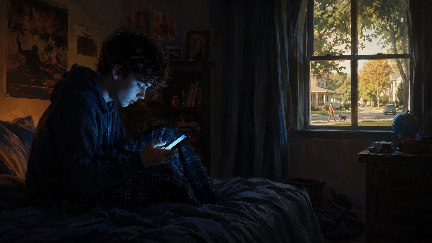A teenage girl sits alone, face illuminated by the blue light of a smartphone screen in a darkened room