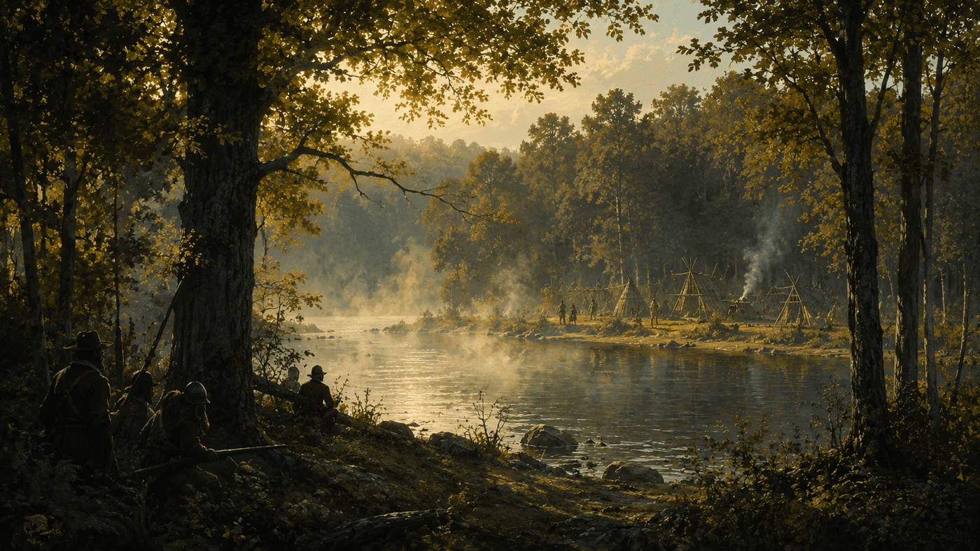 A misty New England forest at dawn with a Native American encampment visible among the trees beside a river