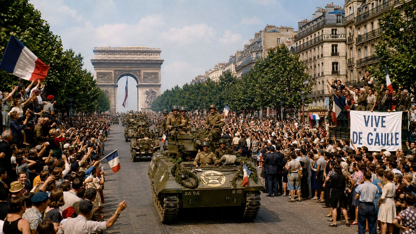 The Champs-Elysees in Paris on a summer day in 1944, crowds of jubilant Parisians lining the avenue as military vehicles and soldiers pass through