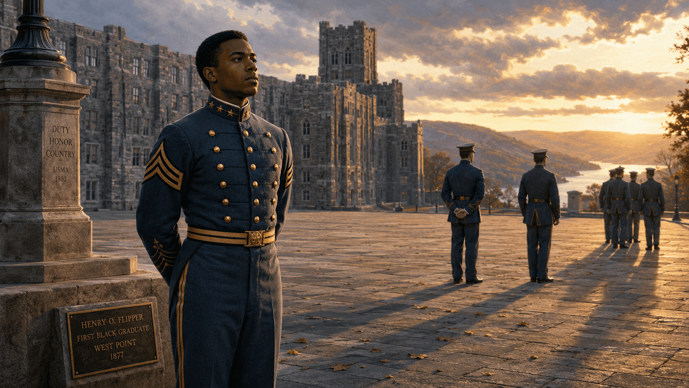 A lone Black cadet in 19th-century military dress uniform standing on the grounds of West Point