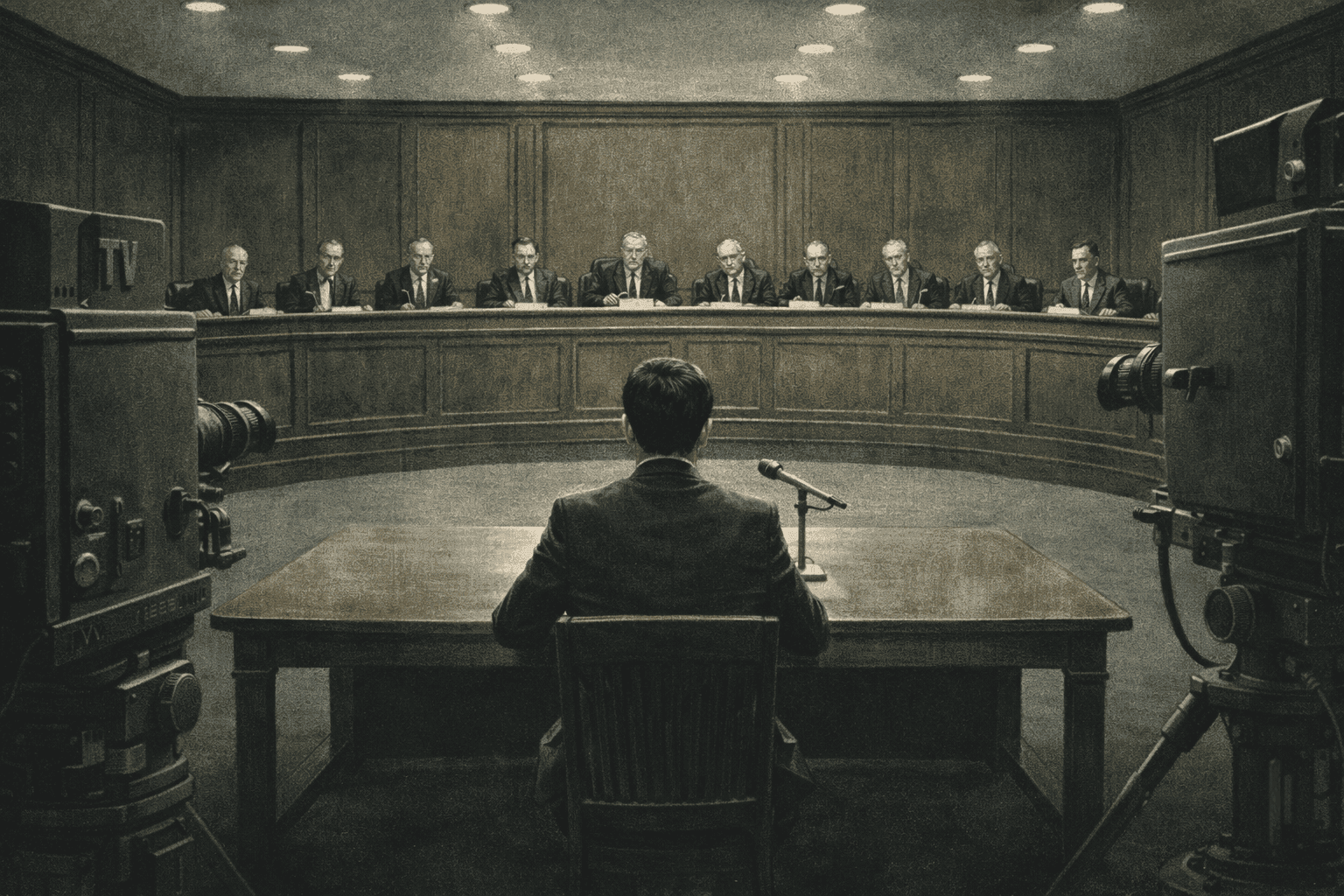 A television host in a suit testifying at a formal congressional hearing table in a wood-paneled Washington D.C. chamber in 1960