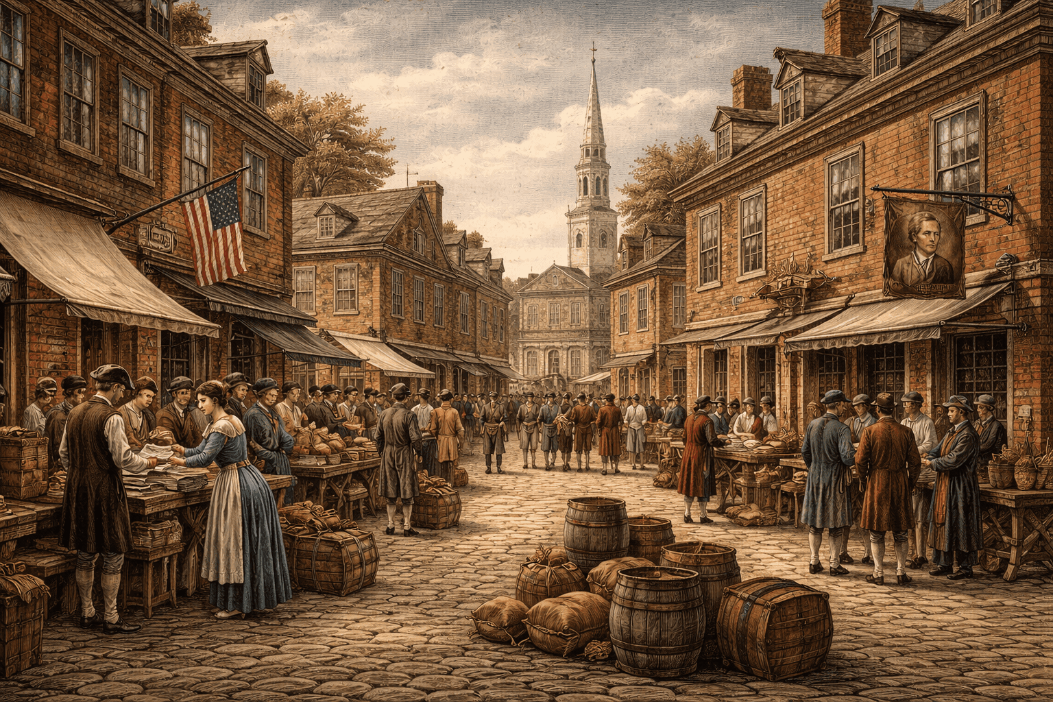 Historical illustration of 1760s colonial American town with Georgian architecture and period street scene