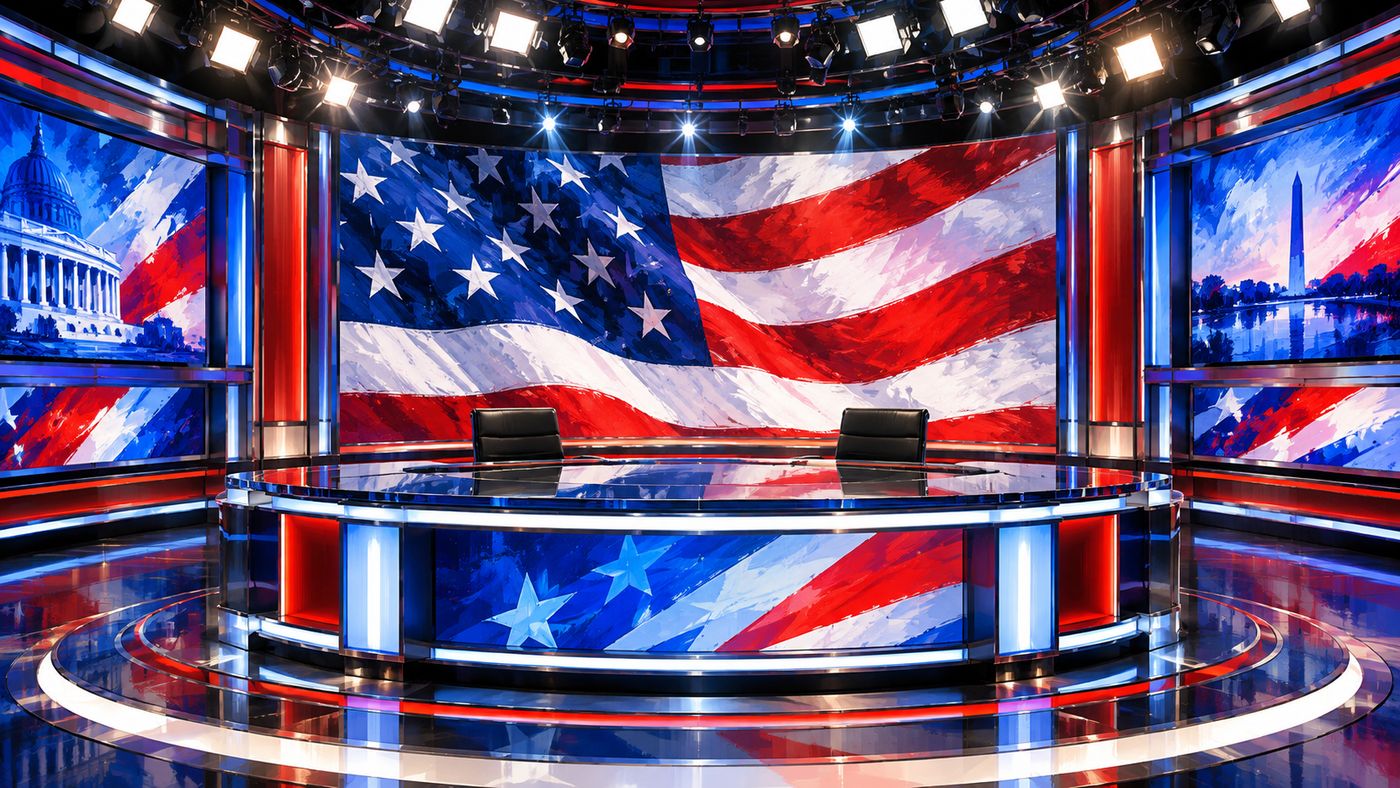 A painterly illustration of a television studio news desk set in the style of a cable news program — a curved anchor desk under dramatic studio lighting, an oversized American flag and screens visible in the background, the whole scene slightly too large and too bright