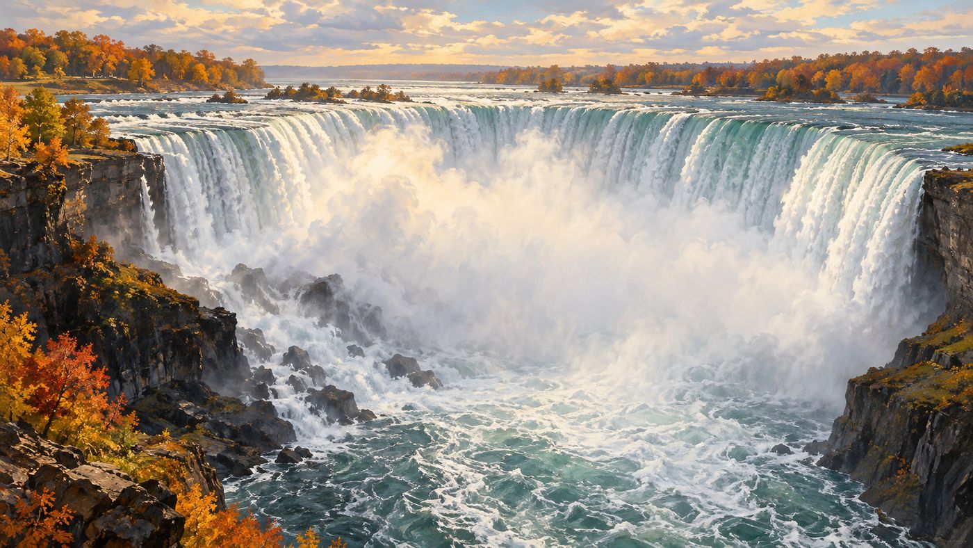 A sweeping painterly landscape of Niagara Falls — the massive Horseshoe Falls in full flow, white water cascading over the curved edge into the churning mist below, the gorge stretching away in the distance under an autumn sky