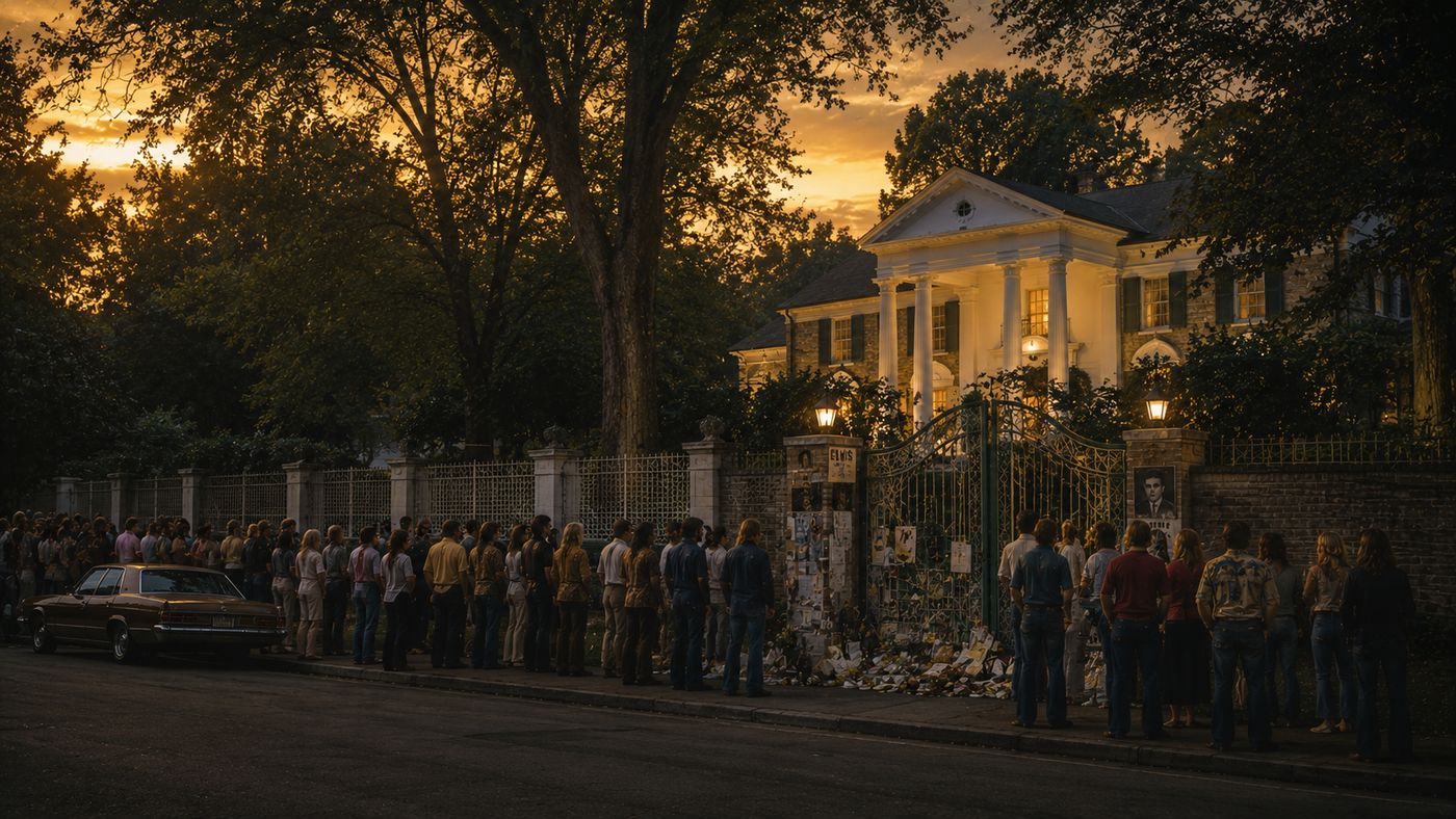 The exterior of a white-columned Southern mansion in Memphis at dusk, iron music note gates visible at the entrance, crowds of fans gathered outside