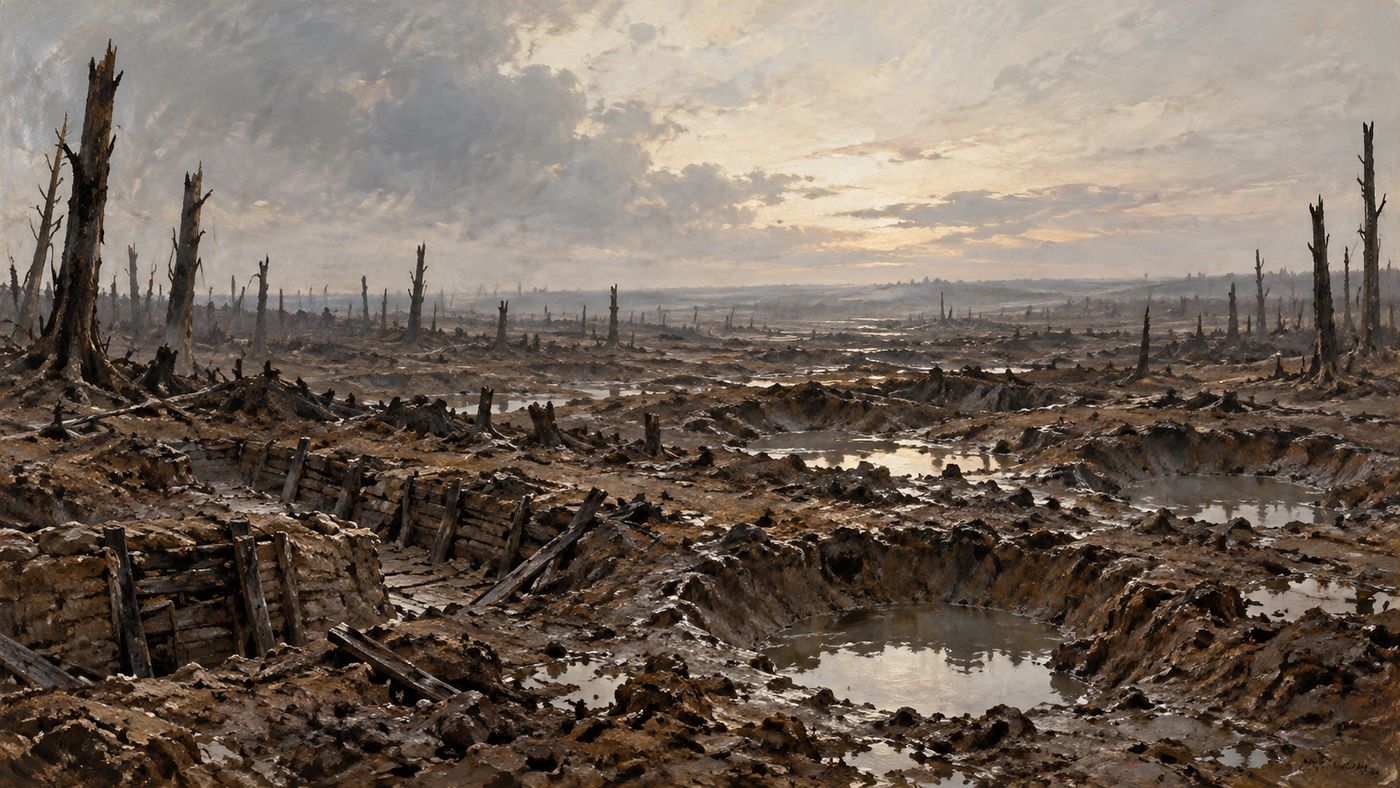 A painterly illustration of the Western Front in France — a wide landscape of churned earth, shattered trees, and the remnants of trenches under a pale November sky, the scene peaceful in the silence that followed the guns