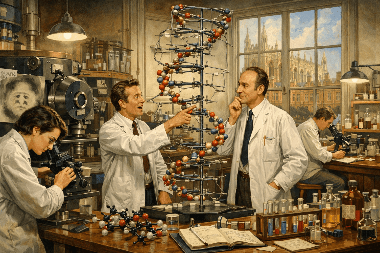 Historical illustration of 1950s Cambridge laboratory with scientists examining DNA models and equipment
