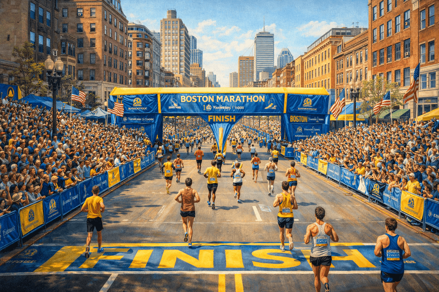 Thousands of marathon runners crossing the finish line on Boylston Street in Boston on a sunny Patriots Day