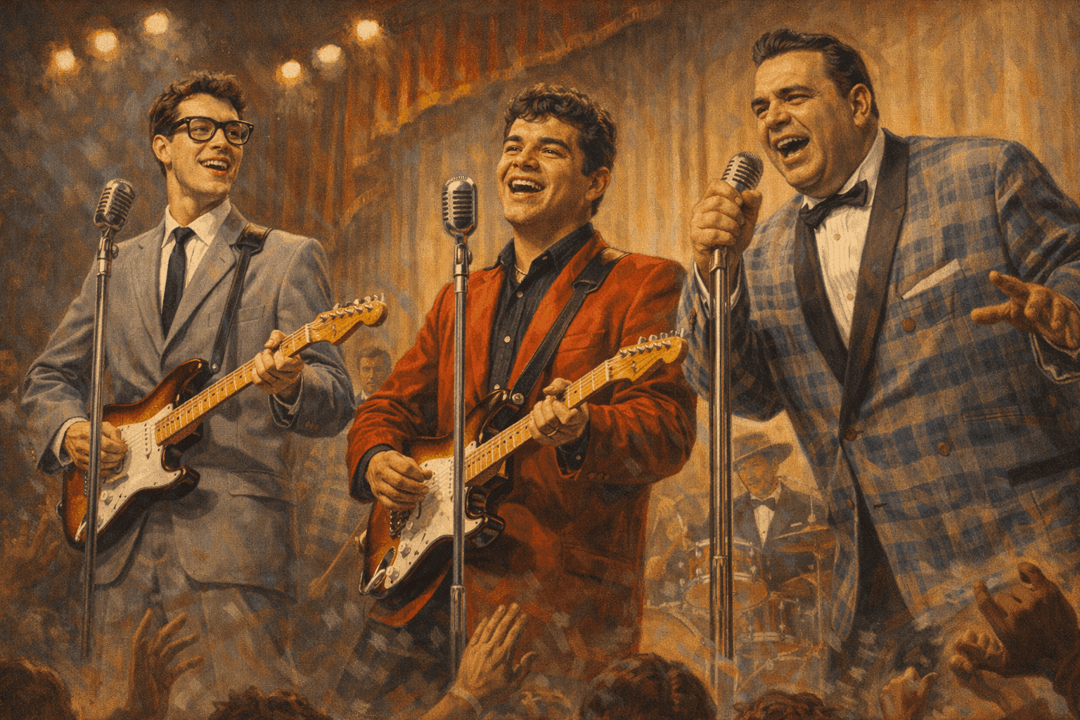 Buddy Holly, Ritchie Valens, and The Big Bopper performing on stage during the Winter Dance Party tour