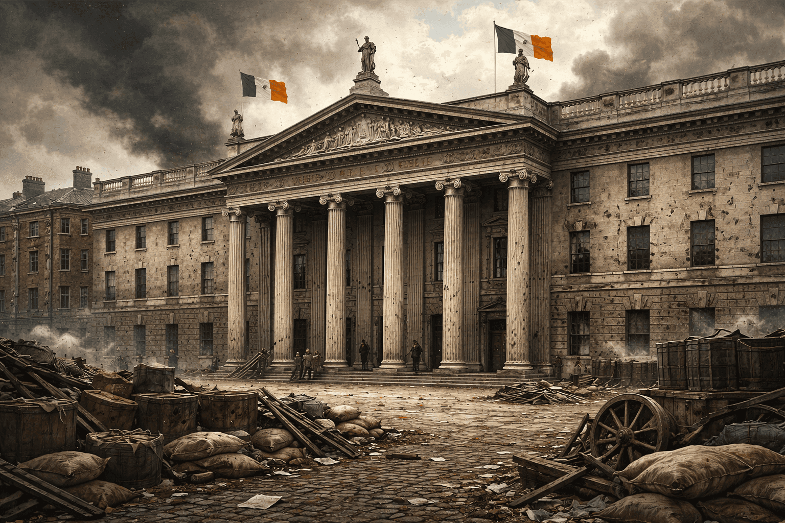 The neoclassical facade of the Dublin General Post Office on O'Connell Street with Irish flags flying above its columns